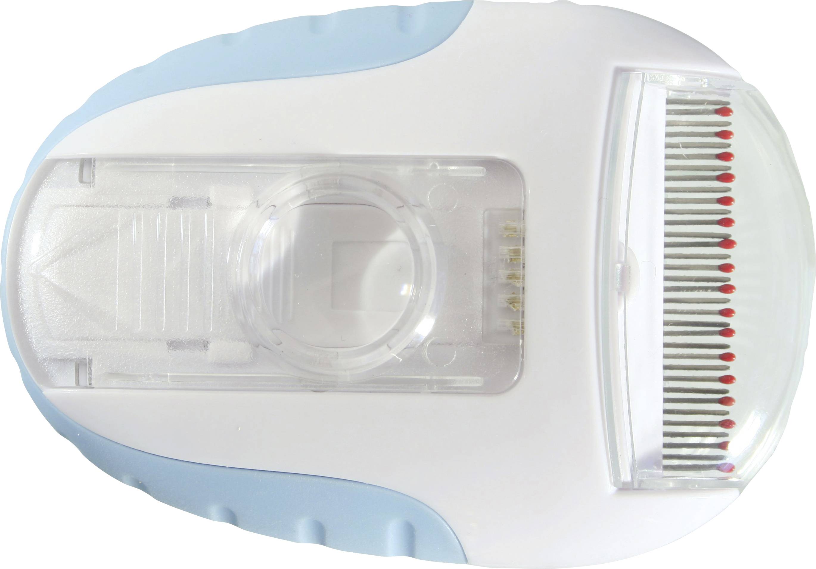 Hair removal device with blue and white accents, featuring rows of metal tweezers and an ergonomic design.