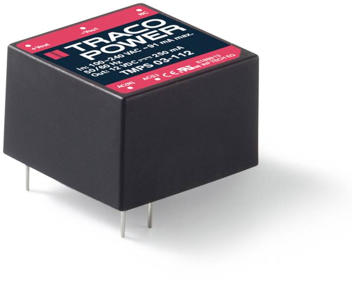 A black TRACO Power voltage converter with red labels. Input: 90-240 VAC, Output: 12 VDC, 2-pin design.