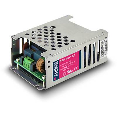Power supply unit with metal casing, ventilation slots and electronic components. Label reads 'TRACO POWER TPP 40-112'.
