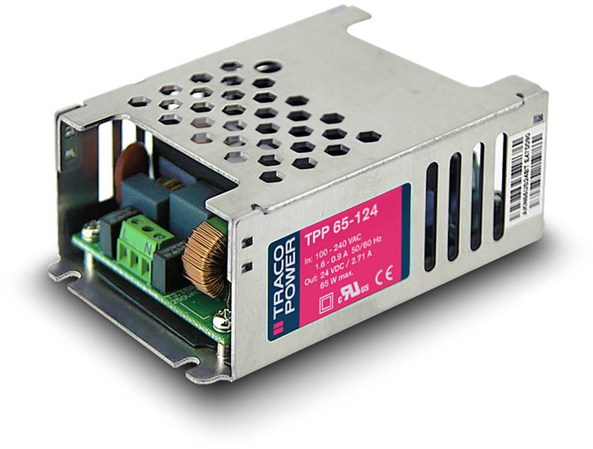 A rectangular Traco Power TPP 65-124 metal case power supply with ventilation slots and connections, suitable for 100-240 VAC.