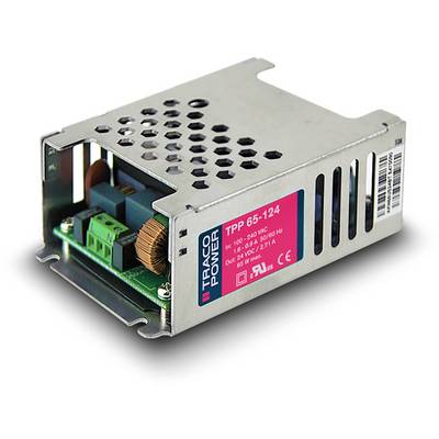 Metal enclosure with electronic components and ventilation slots. Red label displays: 'TRACO POWER TPP 65-124'.