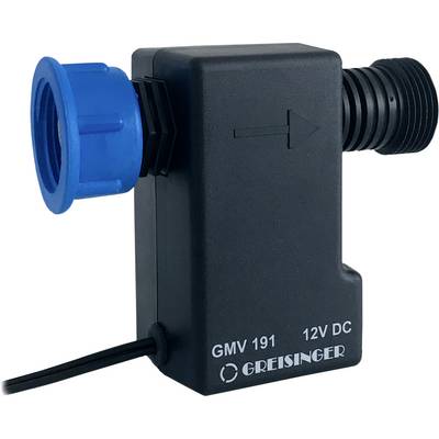 Black device 'GMV 191' for 12V DC by Greisinger with blue connection and an arrow indicating flow direction.