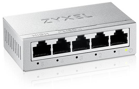 A silver network switch from Zyxel with five Ethernet ports. A yellow LED is illuminated in the bottom right, indicating an active connection.