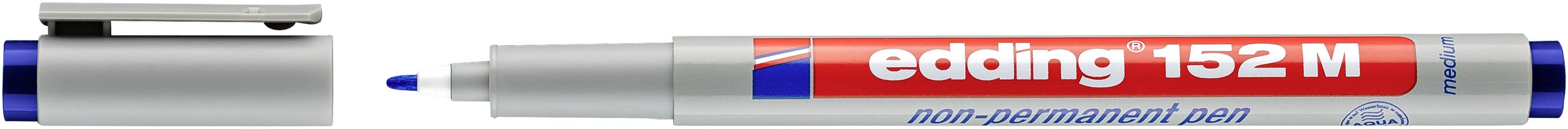 A silver Edding 152M non-permanent pen with blue cap and blue tip, shown next to its cap in an open, side-view product image.