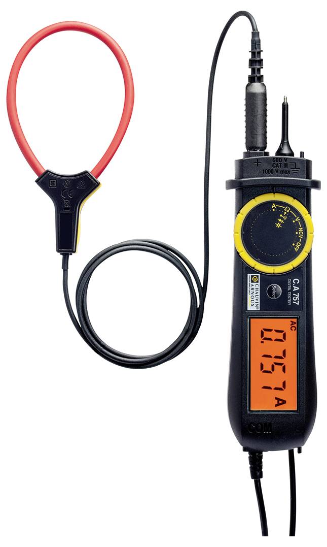 A digital electrical current meter with a clamp sensor and illuminated display, showing 0.757 A.