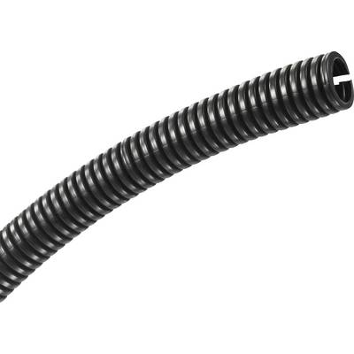 Black, flexible corrugated cable sleeve for cable management.