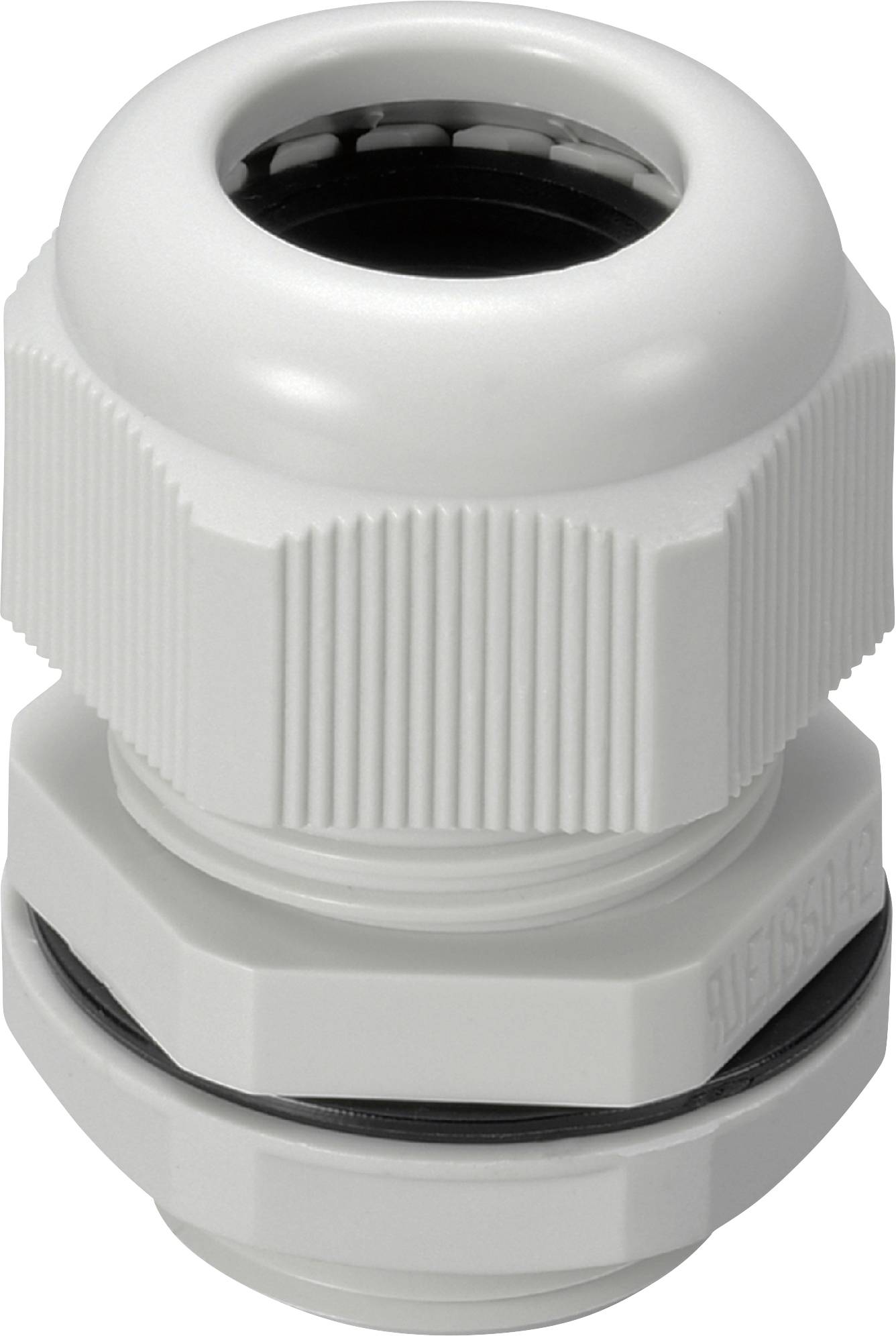 White plastic cable gland with threaded compression fitting and rubber seal<br>