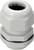 White plastic cable gland with threaded compression fitting and rubber seal<br>