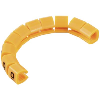 Orange cable markers in a curved shape, consisting of multiple individual parts with letters or numbers for cable organisation.