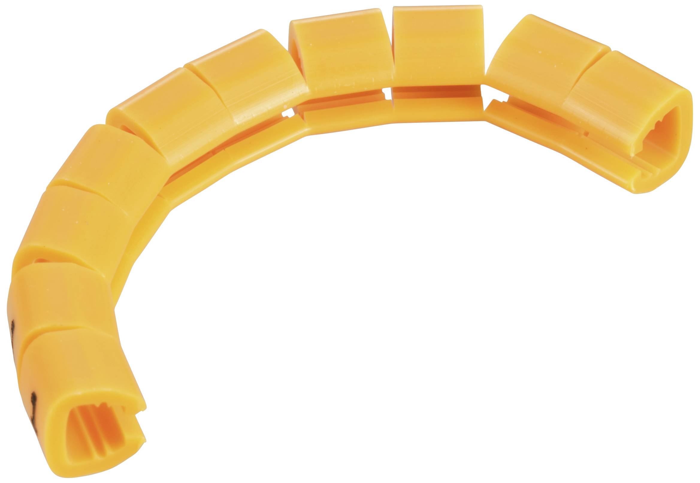 An orange, flexible plastic cable protection system with multiple segmented parts in a partially curved configuration.