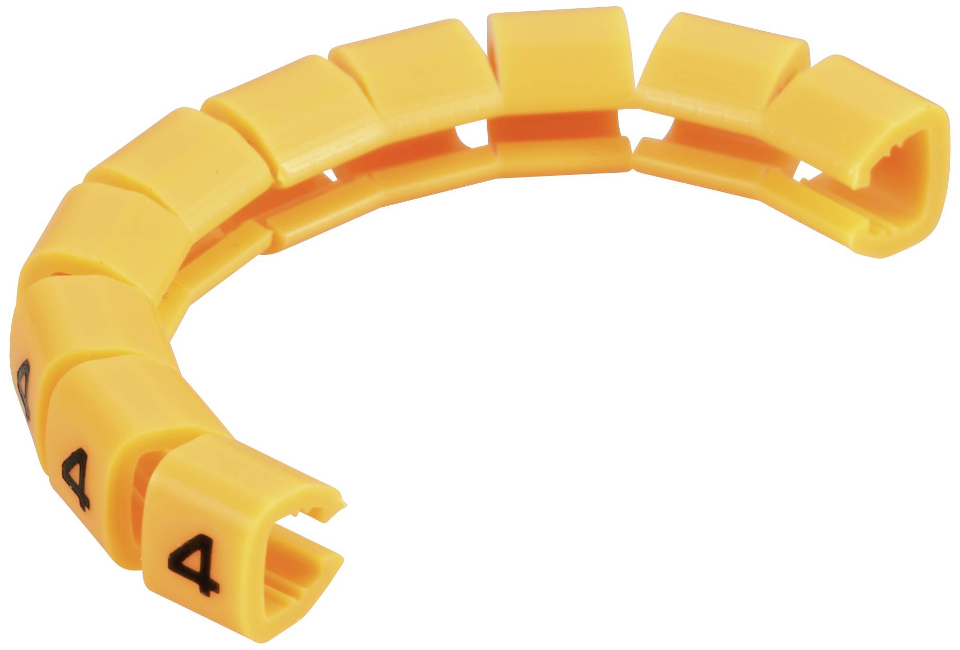 A curved, yellow plastic cable marker with the number '4' printed on it. The marker is composed of multiple interconnected segments.