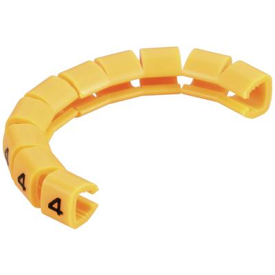 A curved, yellow plastic cable marker with the number '4' printed on it. The marker is composed of multiple interconnected segments.