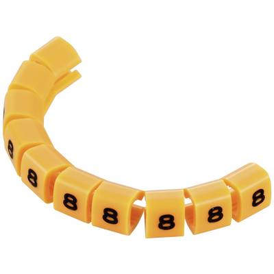 Yellow cable clip strip with multiple black '8' numbers printed on it, used for labelling or sorting cables.