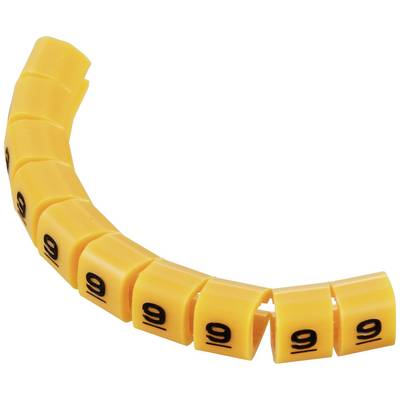 A yellow, curved row of plastic rings with the black number '9' printed on them, presumably used for marking or counting purposes.
