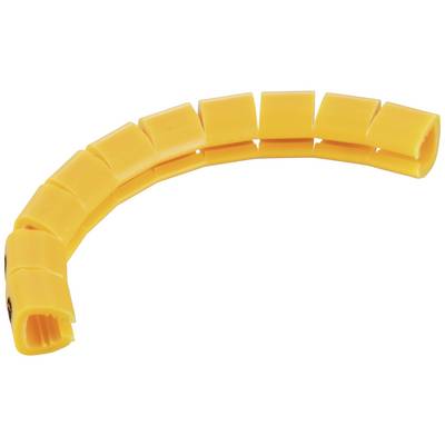 A yellow, curved plastic cable protection segment, consisting of multiple interconnected parts for bundling cables.