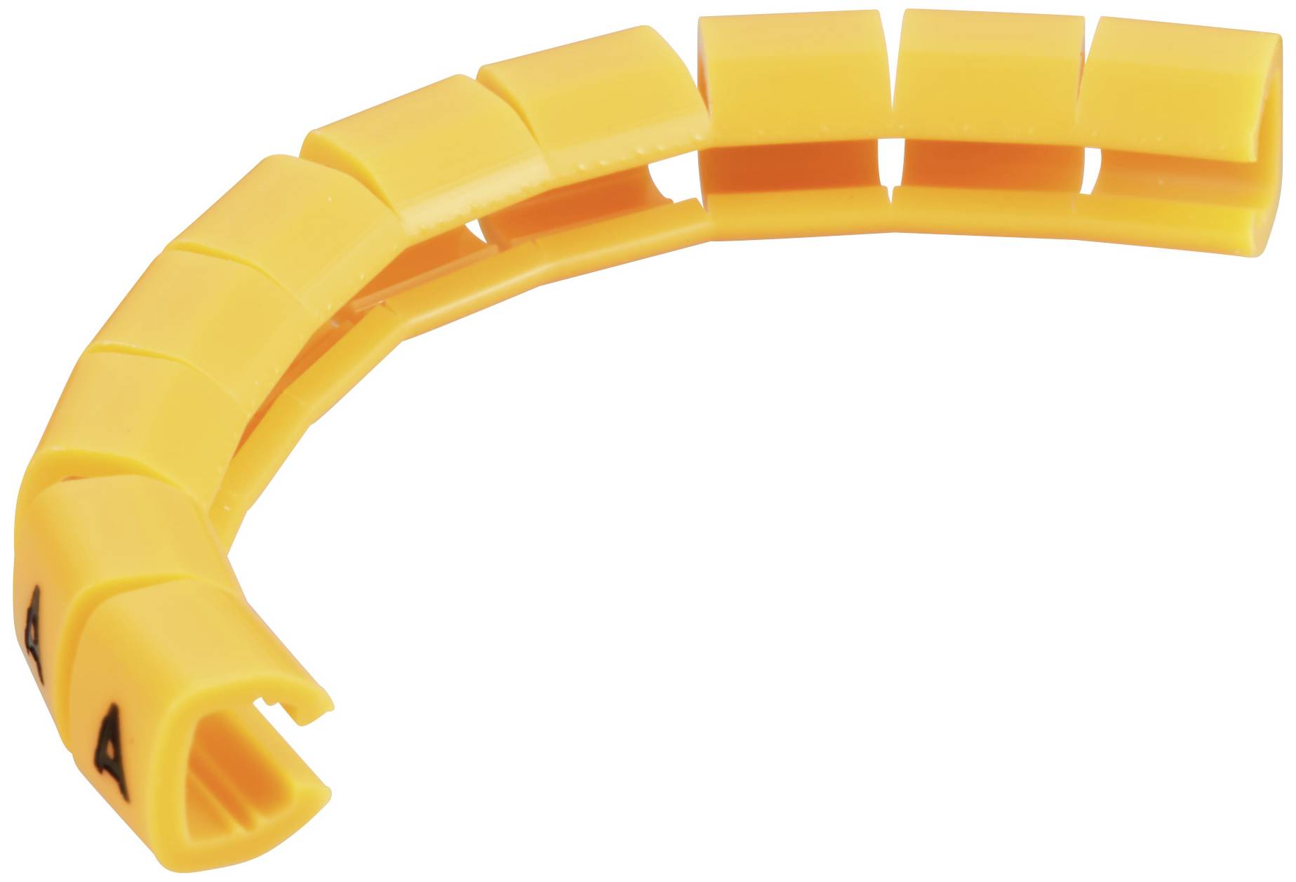 Yellow plastic cable marker in a curved form, consisting of individual, interconnected segments with open cutouts.