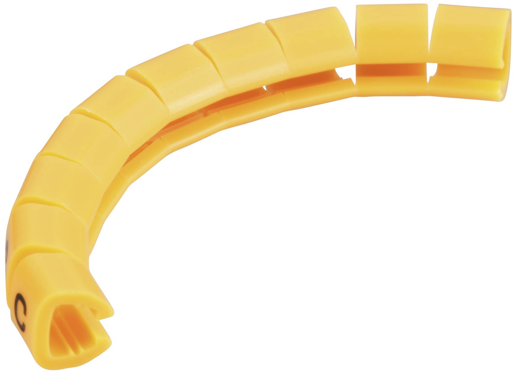 A curved piece of yellow cable protection with segmented sections for organising and protecting cables.