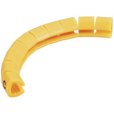 A curved piece of yellow cable protection with segmented sections for organising and protecting cables.