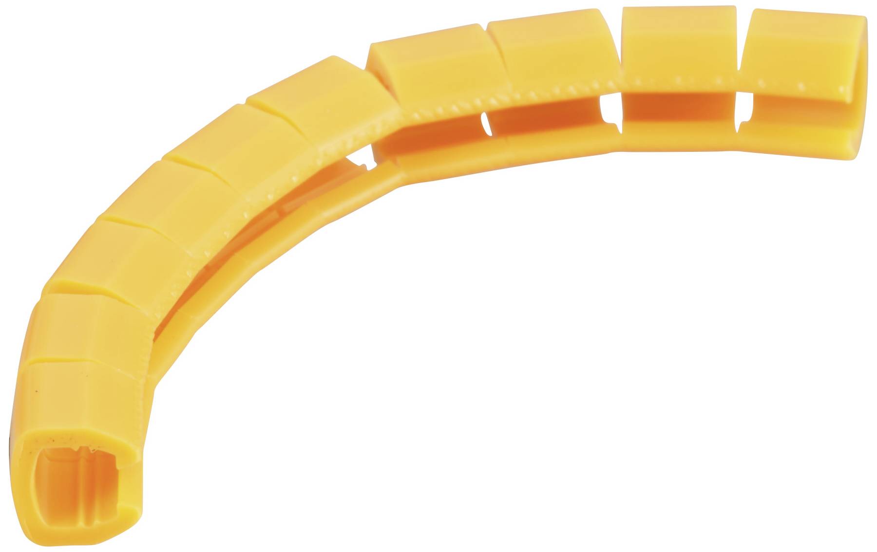 A curved, yellow cable protector with multiple segments, providing flexibility for cables.