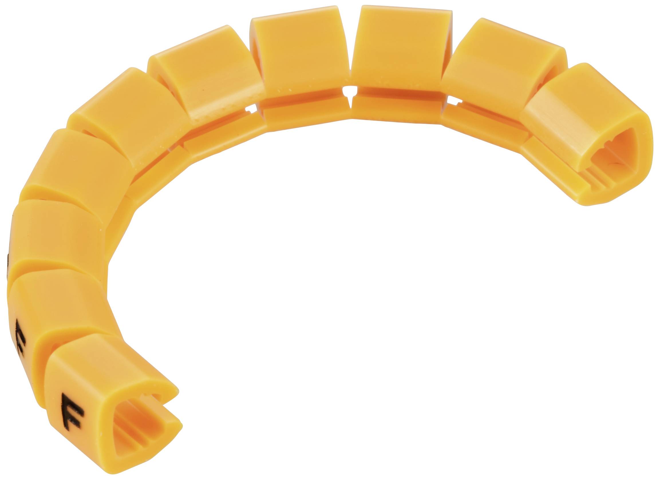 A flexible, curved cable marker in luminous orange, composed of movable elements for labelling cables.