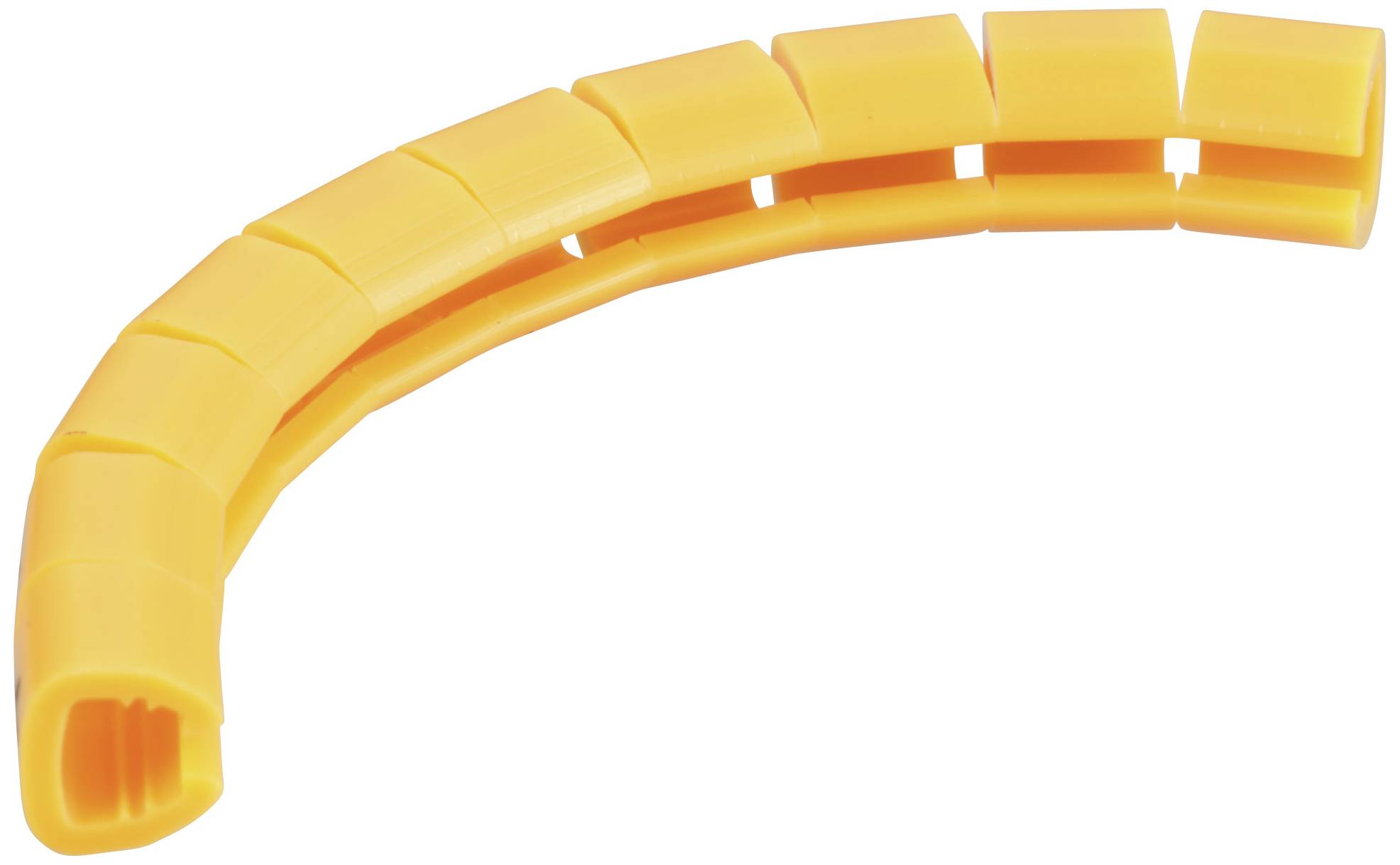 A curved, yellow cable trunking system, comprising multiple segments, which provides flexibility for cable routing.