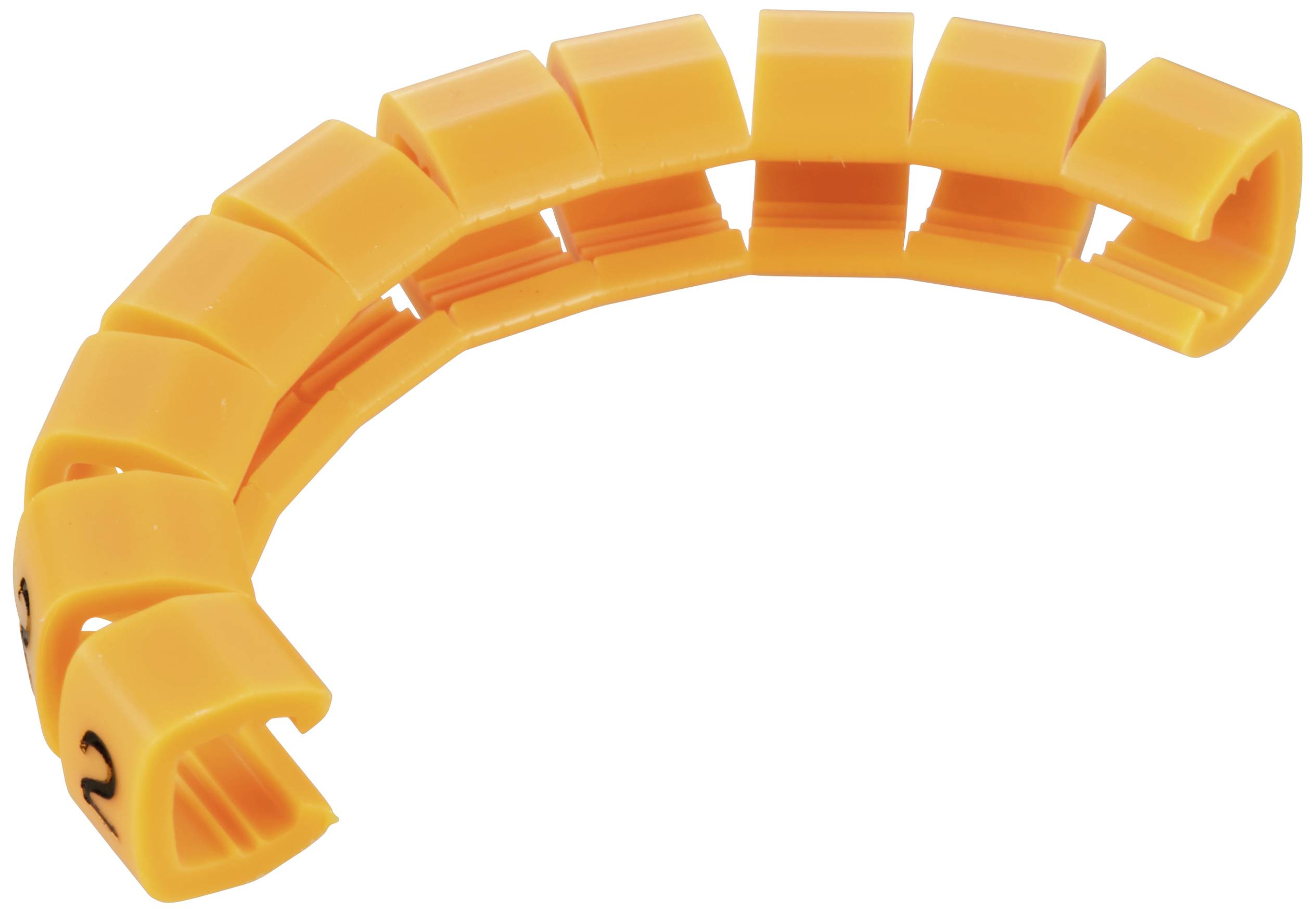 Orange curved cable markers with numbered compartments for cable organisation.