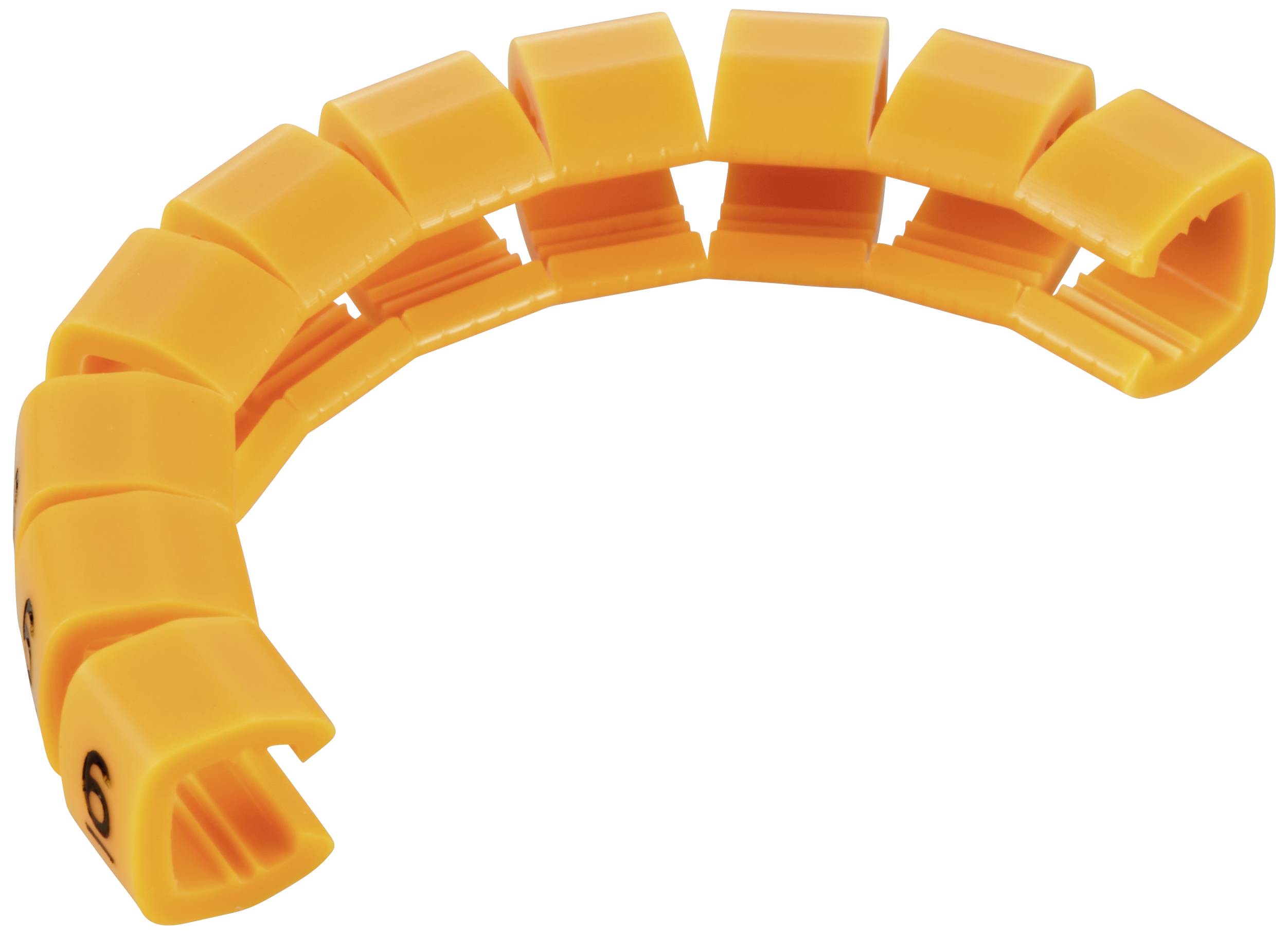 A flexible, orange cable protector with segments for organising and protecting cables.