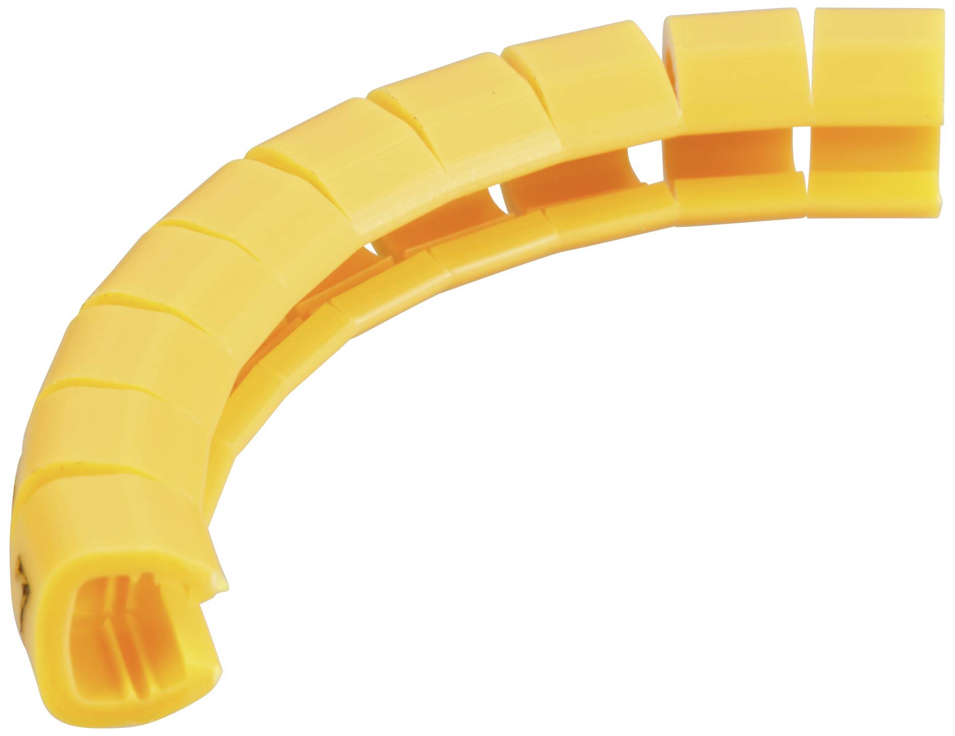Yellow, curved cable protection system with a modular plug mechanism, suitable for organising and protecting cables.