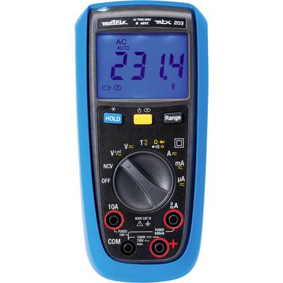 Digital multimeter with blue casing shows 231.4 volts. Display includes symbols and range setting. Clearly readable screen.