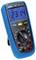 Digital multimeter with blue casing shows '231.4 V AC'. Rotary switch and buttons for measuring various electrical values.