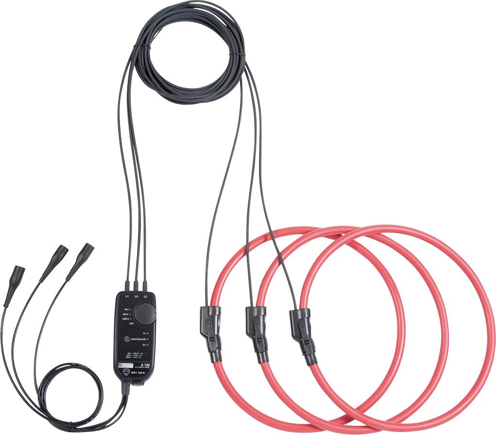 Ammeter clamp with three red leads and a black device for measuring electrical currents, including connection cables.