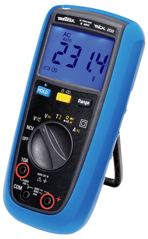 A digital multimeter with a blue casing displays 'AC 231.4V' on the screen. It has various measurement functions and orange buttons.