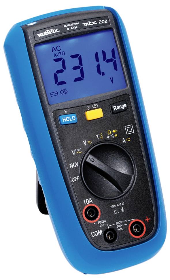 Digital multimeter with a blue casing displays '23.14 V'. Switches and buttons for adjusting measurement ranges are visible.