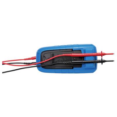 A blue multimeter with black and red test leads attached to the front.