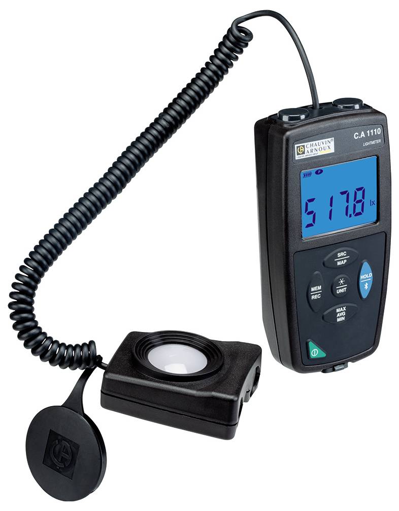 Digital luxmeter with blue backlit display showing a measured value of 517.8 lx. Used for measuring light intensity.