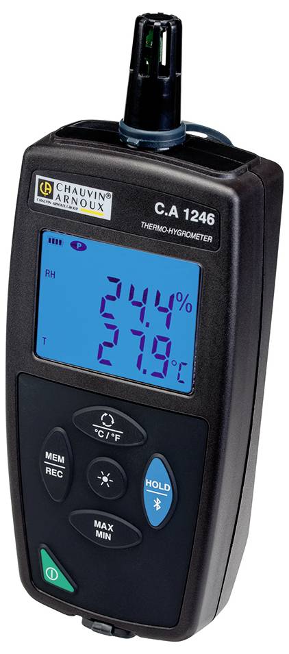 The image displays a thermo-hygrometer, Model C.A 1246, indicating a relative humidity of 24.4% and a temperature of 27.9 °C.