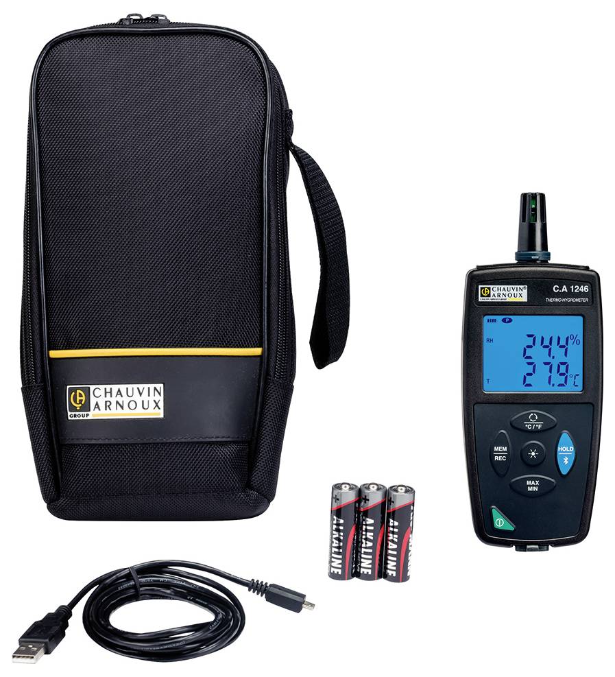 The image shows a digital thermo-hygrometer, Model CA 1246, with a case, three batteries, and a USB cable.