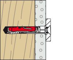 An illustration showing a screw with a wall plug inserted into a wooden board, secured by a metal bracket with holes.