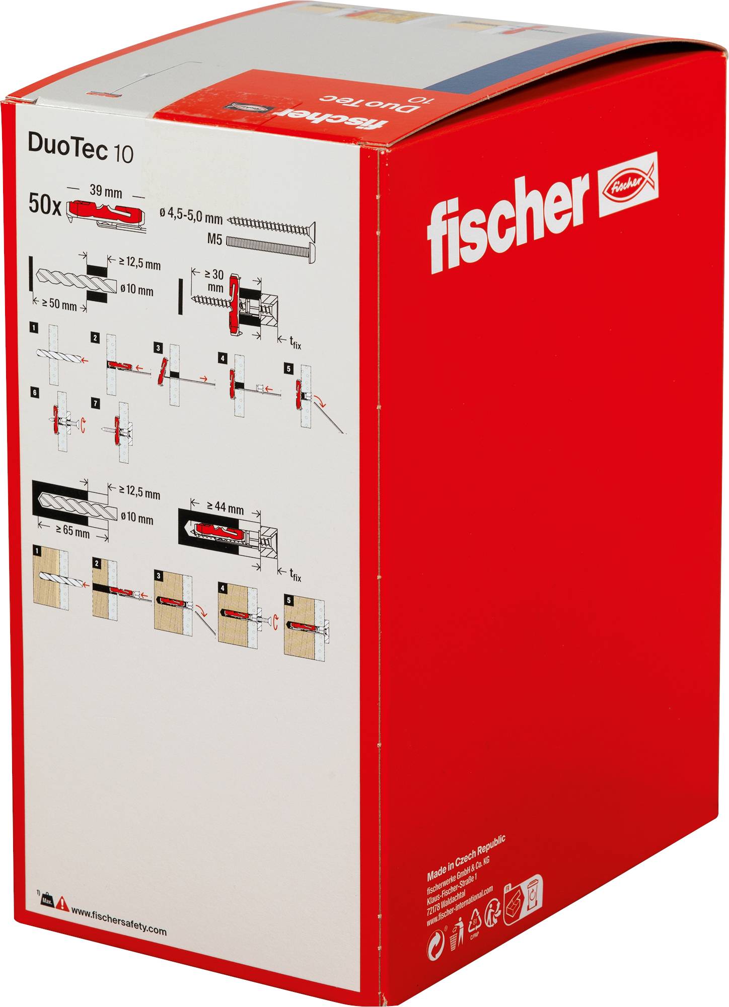 'Fischer DuoTec 10' box showing installation diagrams and specifications for wall anchors, including dimensions and recommended tools.