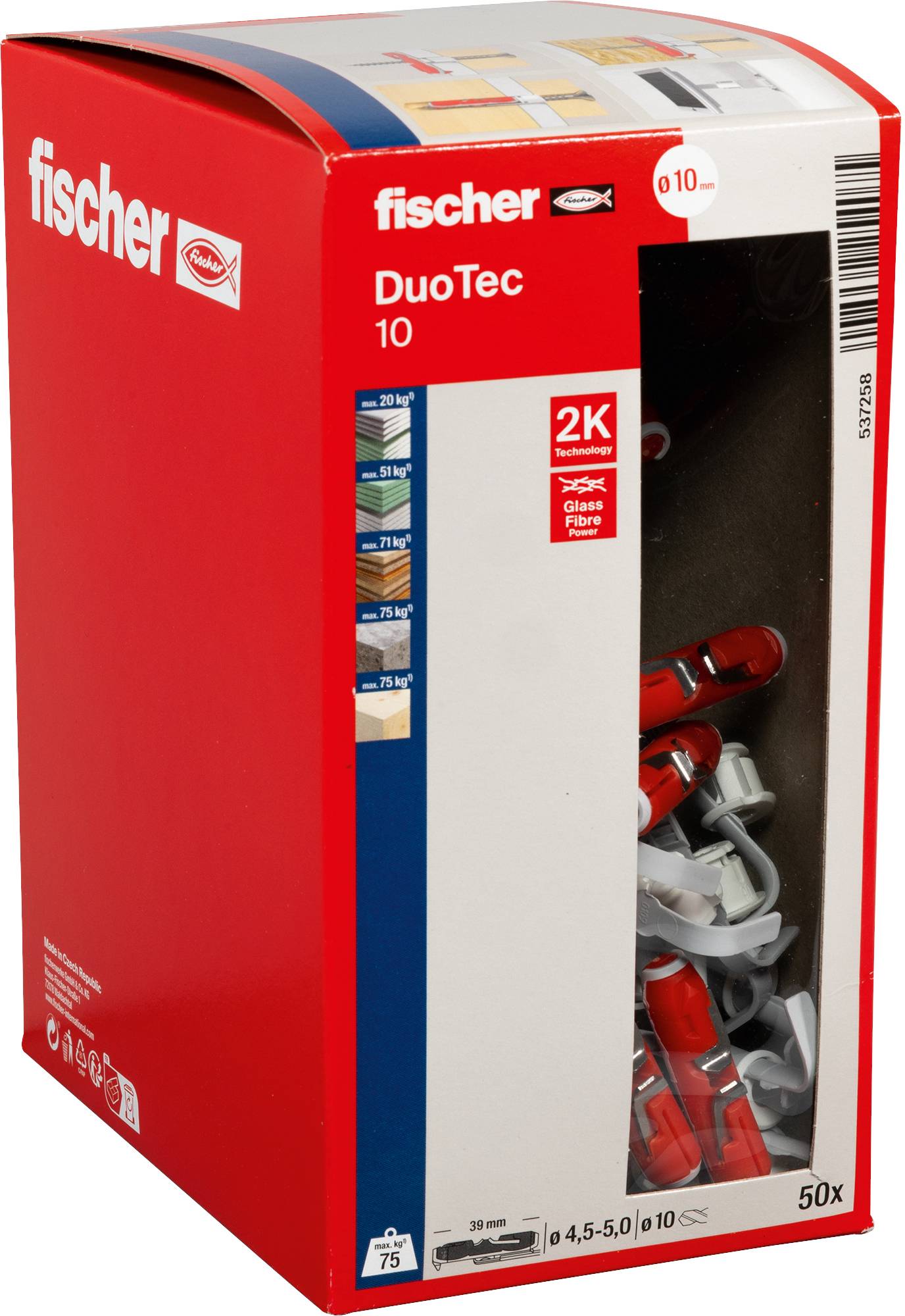 A red box of Fischer DuoTec 10 wall anchors, showing 50 pieces inside. The box features product branding and specifications on the side.
