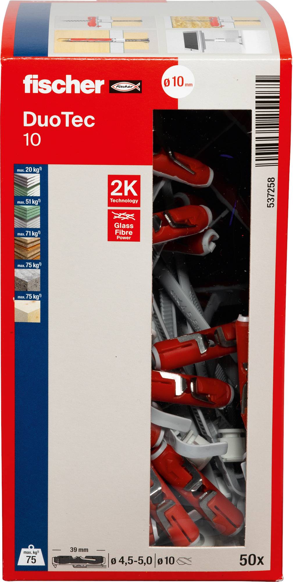 'Fischer DuoTec 10; 2K Glass Fiber 50-pack box. Front partially visible, showcasing fastening anchors. Weight capacities listed: 20kg to 55kg.'