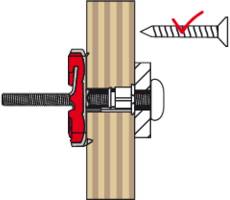 'Cross-section diagram of a wooden surface with a bolt and nut assembly securing it. A screw marked with a red check is shown on the side.'