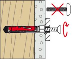 'Illustration of an anchor bolt inserted into wood, with a screw being rotated clockwise to expand the anchor, securing it.'