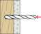 'Drill bit diagram: A drill enters a wooden surface from the right, marked by a red arrow indicating direction.'