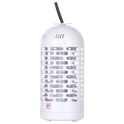 A white cylindrical electric insect trap with a protective grid and power cord on top.