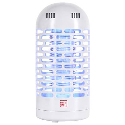 A cylindrical white insect trap emits blue light, featuring a gridded outer casing and branding text 'SWISS INNO' at the bottom front.