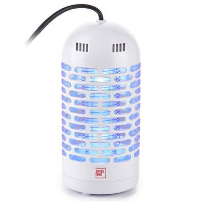 Insect killer lamp with blue light grid, white cylindrical design, 'Swiss Inno' logo at base, power cord attached at the top.