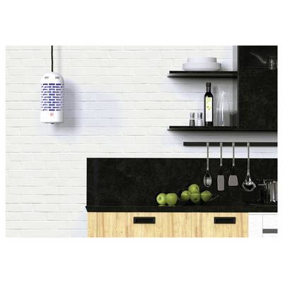 Modern kitchen interior with wood cabinets, black countertop, and hanging utensils. A fruit bowl with green apples is on the counter.