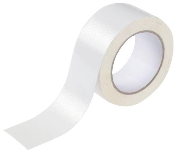 A roll of white adhesive tape with a section unwound, displaying the texture and width of the tape.