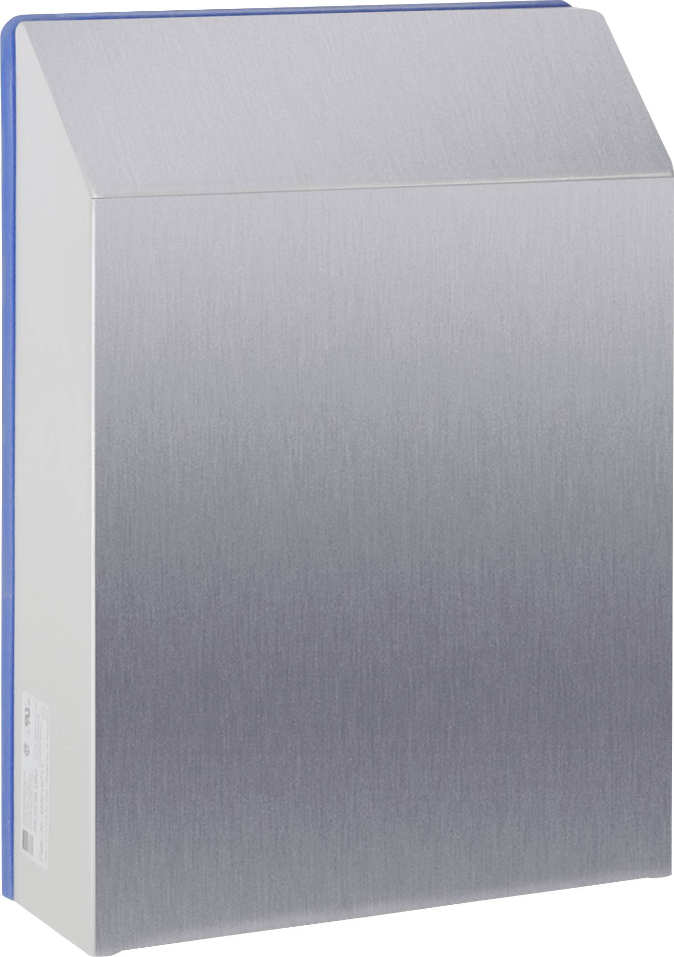 Silver, rectangular metallic object with a chamfered top surface. Function and context are unknown.